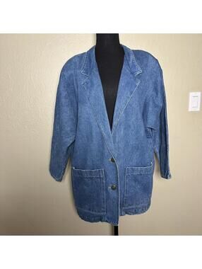 Vintage 90s Denim Oversized Blazer Jacket Relaxed Fit Medium Wash Utility Style